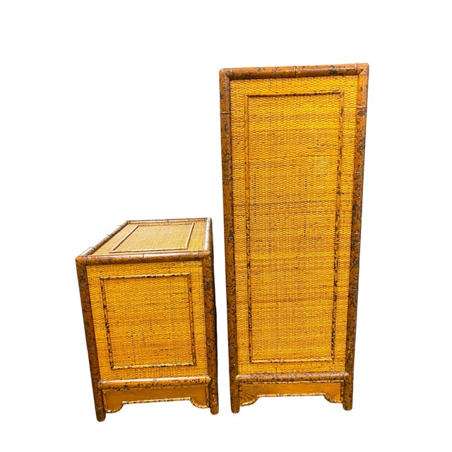 British Colonial Tortoiseshell Bamboo Chest & Nightstand, China Export, c. 1970s — Matched Pair A handsome matched pair in...