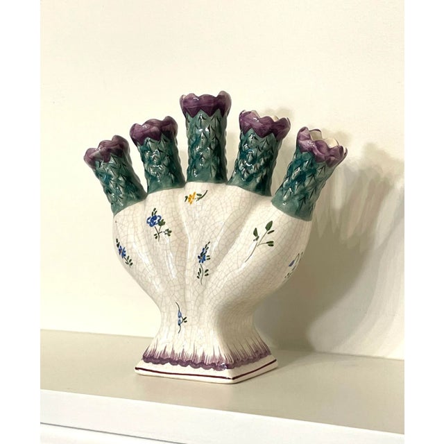 Traditional Vintage French Country Floral Painted Tulipiere Ceramic Vase, Purple & Green For Sale - Image 3 of 12