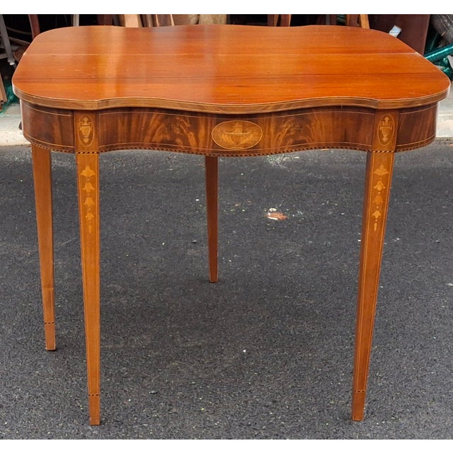 Pair of 19th Century Federal Satinwood Inlaid Mahogany Fold Top Card or Console Tables For Sale In Washington DC - Image 6 of 15