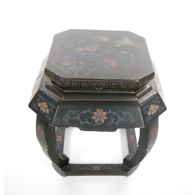 Chinoiserie Pair of Chinese Chinoiserie Lacquered & Painted Side Tables, Circa 1970 For Sale - Image 3 of 14