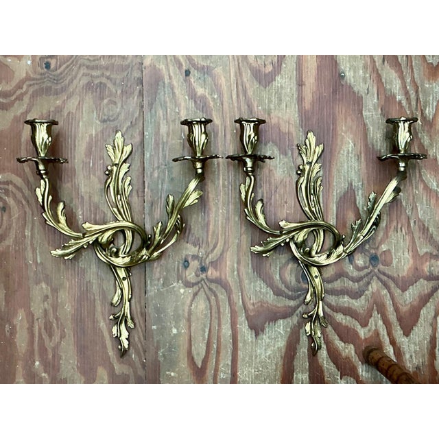 Gold Vintage French Rococo Style Metal Wall Candle Sconces - Pair For Sale - Image 8 of 16