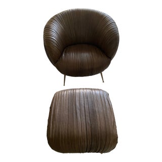 Souffle Chair & Ottoman in Ruched Brown Leather For Sale