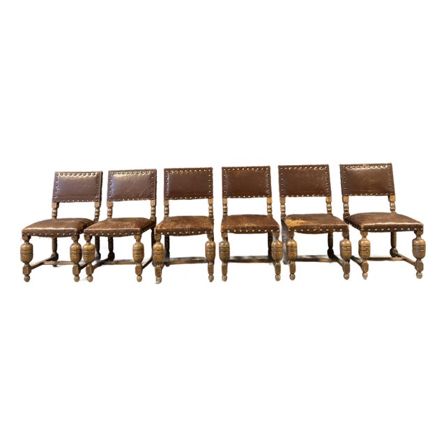 Set of 6pcs 19th Century English Leather Dining Chairs For Sale