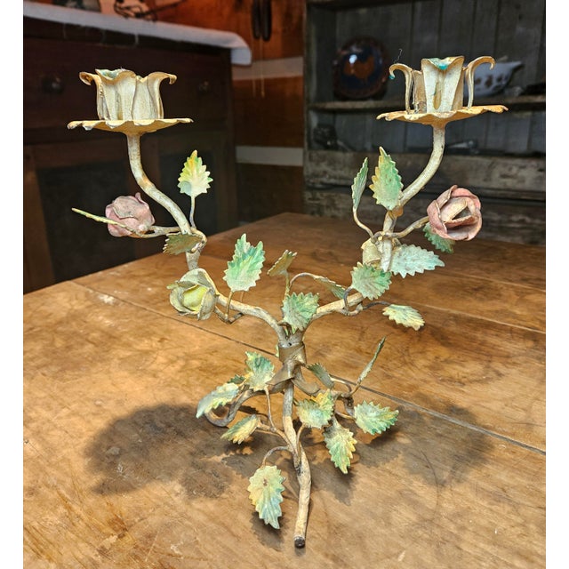 Italian Vintage Italian Toleware Two Arm Candelabra For Sale - Image 3 of 12