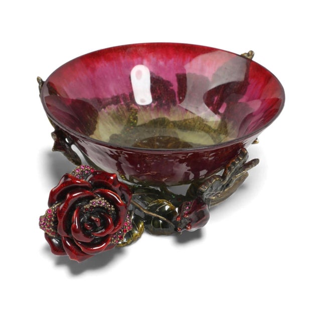Jay Strongwater Red Glass & Jeweled Enamel Flower Bowl.