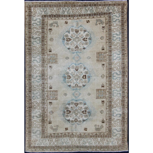Vintage Persian Tabriz Rug With Three Medallions in Muted Earth Tones and Light Blue For Sale - Image 10 of 10