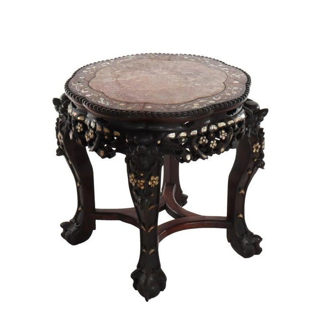 1920s 1920s Chinese Floral Carved Rosewood Rouge Marble Top Stand With Mother of Pearl Inlay For Sale - Image 5 of 12