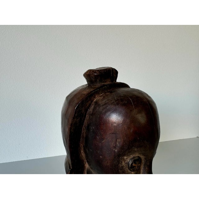 Brown Vintage African Hand Carved Wood Head Bust Sculpture For Sale - Image 8 of 9