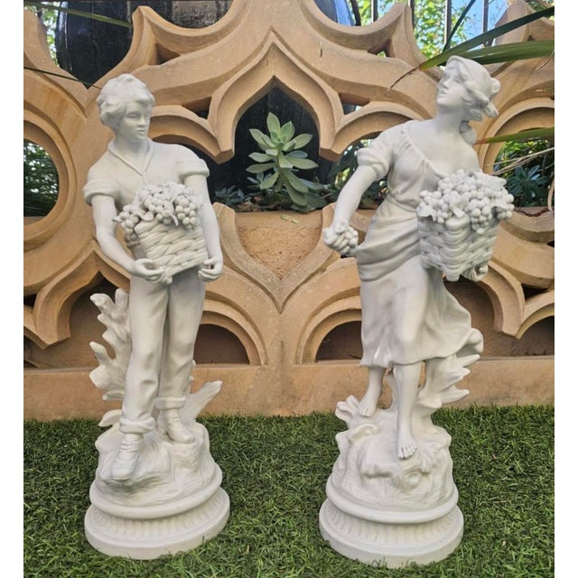 Pair of 19th C French Bisque Porcelain Peasant Figures“Paysan Aux Raisins” and “Paysanne Aux Raisins,” After Hippolyte François Moreau, Samson, Paris For Sale - Image 4 of 12