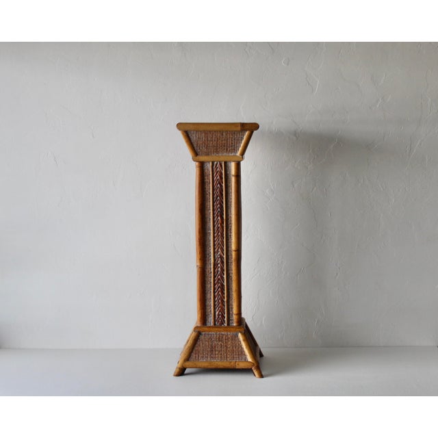 Vintage Bamboo Rattan Pedestal Column Plant Stand For Sale - Image 4 of 14