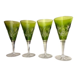 1970s 4 Hand Cut to Clear Crystal Green Glass Cordials Wine Champagne Glasses Goblet For Sale