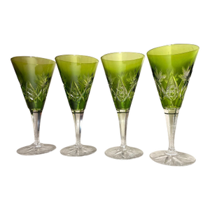 1970s 4 Hand Cut to Clear Crystal Green Glass Cordials Wine Champagne Glasses Goblet