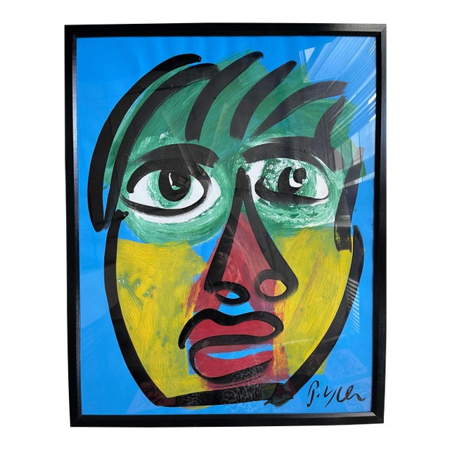 Contemporary Abstract Face Portrait Acrylic Painting by Peter Keil, Framed For Sale