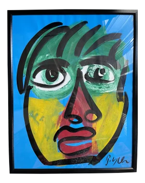Contemporary Abstract Face Portrait Acrylic Painting by Peter Keil, Framed