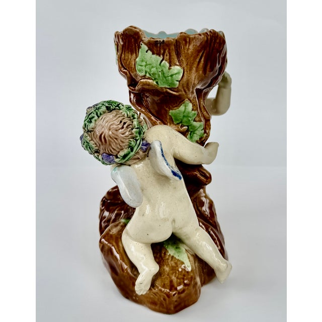 English Majolica Putti Spill Vase, Faux Bois, 19th Century For Sale - Image 4 of 14