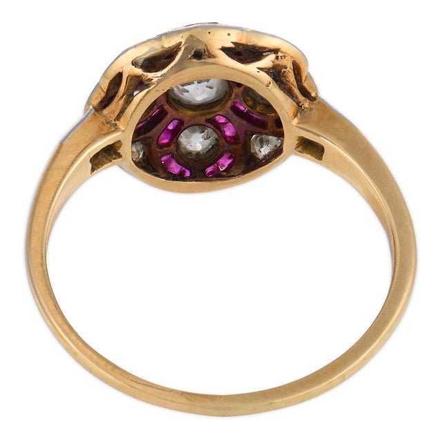 1910s Edwardian Diamond Ruby 14k Yellow Gold Platinum Cluster Ring, Size 7.25 For Sale In Los Angeles - Image 6 of 6