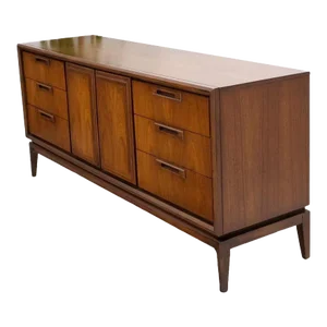 Long Walnut Mid-Century Modern 9 Drawers Credenza Dresser Double Door Cabinet