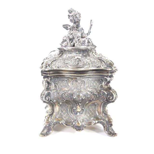 Metal Gilded Age European Silver Rococo Jewelry Casket Topped With Angel Admiring Herself For Sale - Image 7 of 15