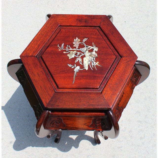 1970s Vintage Chinese Rosewood Hexagonal Plant Stand / Pedestal With Mother-of-Pearl Inlay For Sale - Image 5 of 16