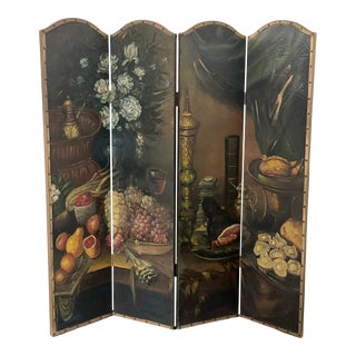 Early 20th Century Still Life Painted and Leather Trimmed 4 Panel Folding Room Divider Screen For Sale