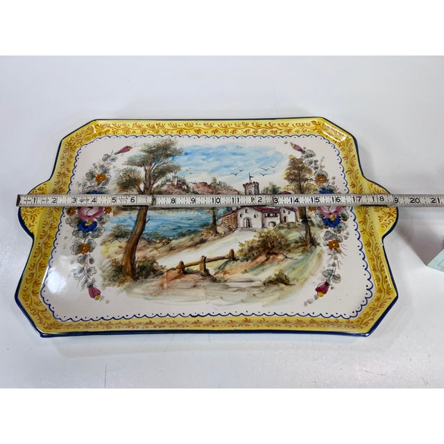 Italian Tray Dipinto A. Mano Pottery Hand-Painted Ceramic Serving Tray or Plate With Handles, Landscape Scene With Building & Water, Trees For Sale - Image 10 of 12