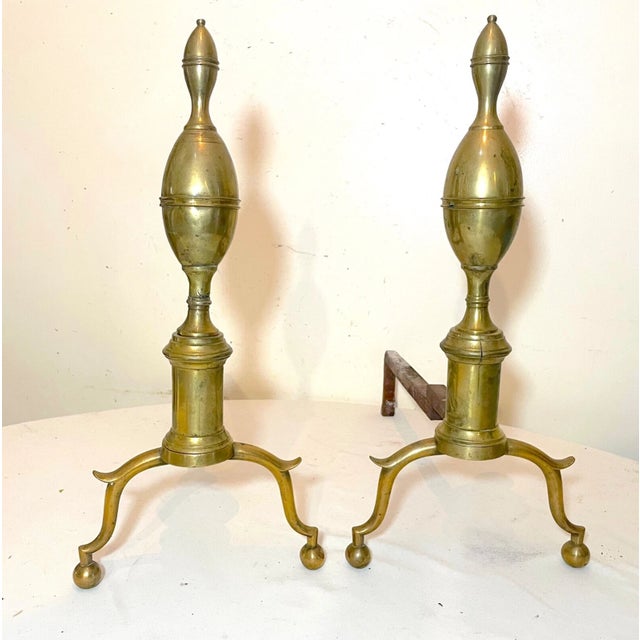 Traditional Pair of Antique 1700's Peened Brass Wrought Iron Federal Double Lemon Andirons For Sale - Image 3 of 14