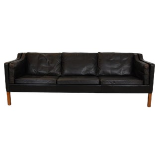 Vintage 2213 3-Seater Sofa in Patinated Black Leather by Børge Mogensen for Fredericia For Sale