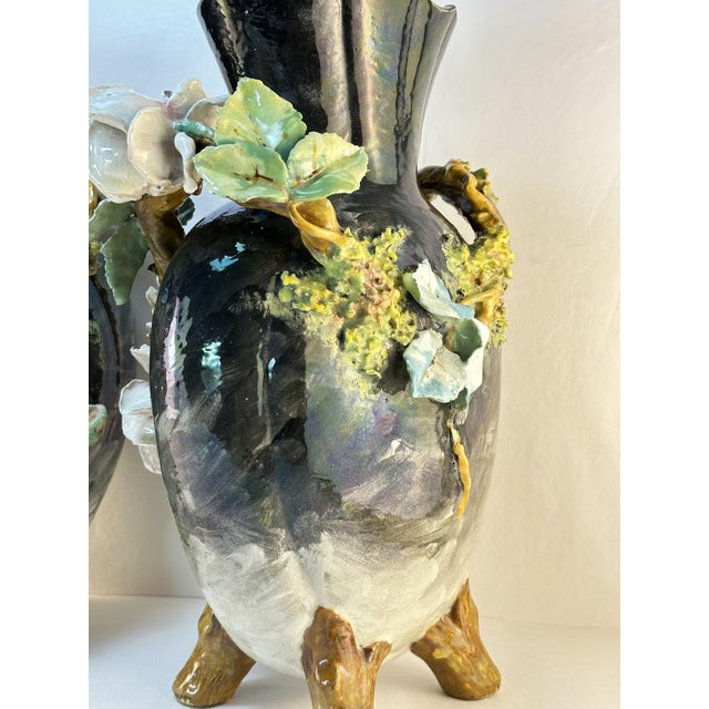 Art Nouveau Pair of French Majolica Barbotine Vases – 19th Century Impressionist Edouard Gilles Gros Relief For Sale - Image 3 of 11