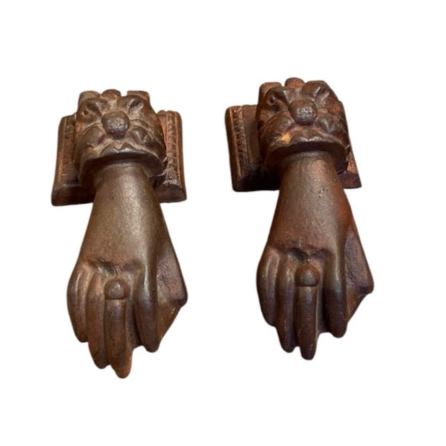 Pair of Vintage Victorian-Style Cast Iron Hand Door Knockers For Sale - Image 4 of 12