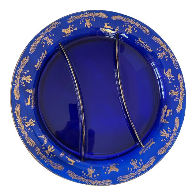 Vintage Cobalt Blue Glass Divided Serving Dish With Gold Decorations For Sale