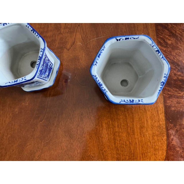 Traditional Blue & White Petite Hexagonal Floral PlantersWith Marching Drip Trays Set of 3 For Sale - Image 3 of 9