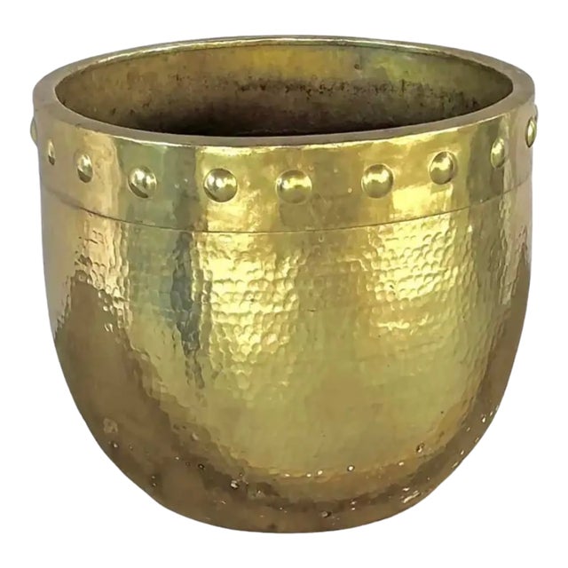 Large Solid Hammered Brass Cachepot Planter For Sale