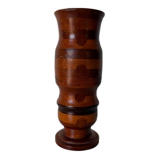 1980’s Vintage Turned Wood Inlaid Decorative Vase For Sale