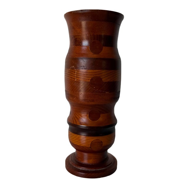 1980’s Vintage Turned Wood Inlaid Decorative Vase For Sale