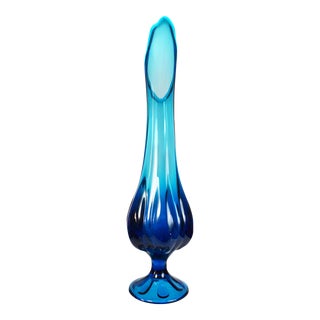 Mid-Century Modern Tall Pedestal Viking Swung Vase Blue Art Glass Vase For Sale