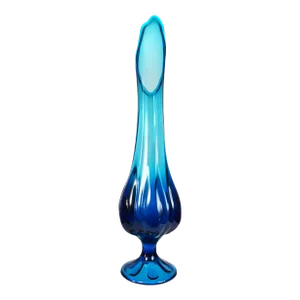 Mid-Century Modern Tall Pedestal Viking Swung Vase Blue Art Glass Vase