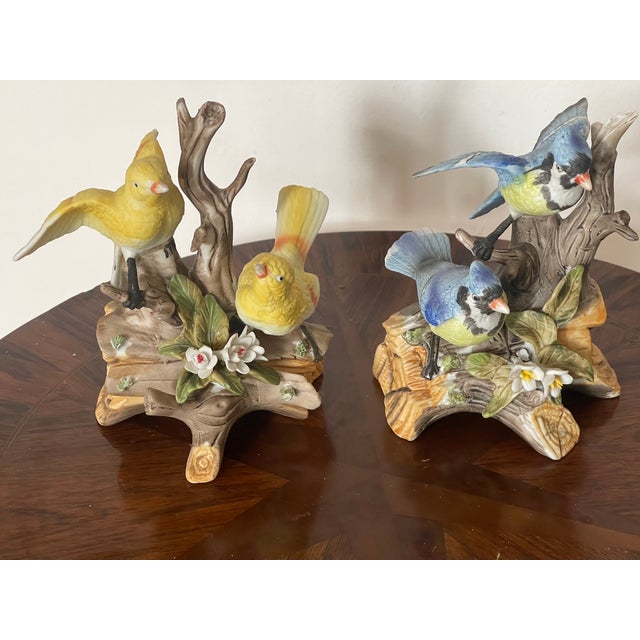 Shabby Chic 1940s Pair Bisque Porcelain Bird Sculptures Royal Crown For Sale - Image 3 of 6