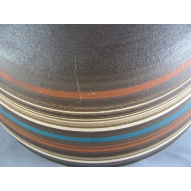 1970s Israel Rina Peleg Style Blue & Brown Striped Studio Art Pottery Salad Bowl For Sale - Image 9 of 11