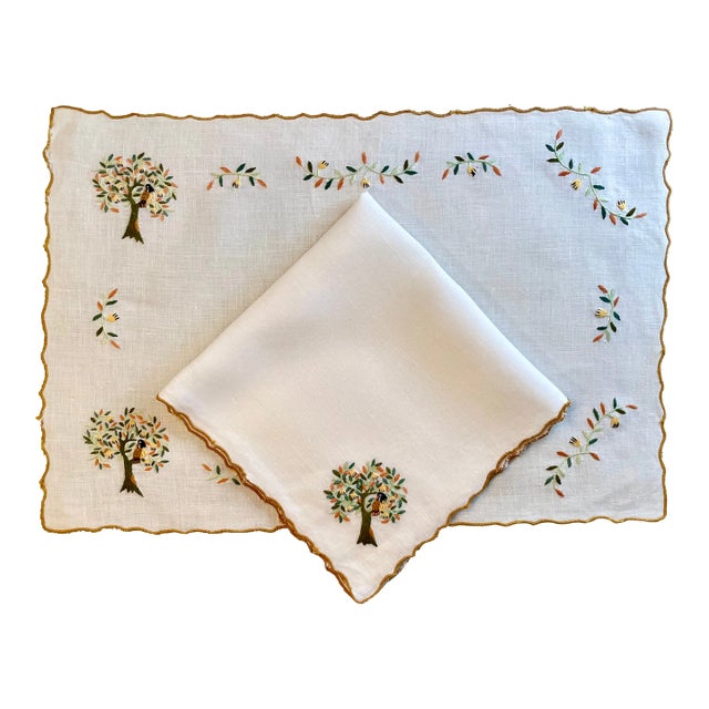 Embroidered Christmas Holiday Placemats & Napkins Set For Sale