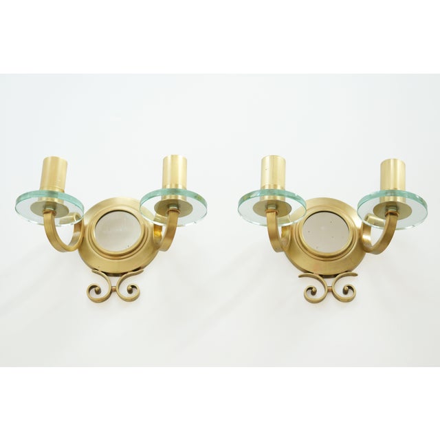 Mid-Century Modern French Gilt-Bronze and Glass Sconces with Central Mirrors, 1940, Set of 2 For Sale - Image 3 of 10
