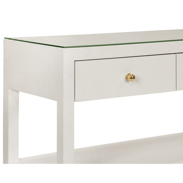 Not Yet Made - Made To Order Matthew Izzo Home Briar Textured White Linen Three Drawer Console Table With Brass Knobs For Sale - Image 5 of 7