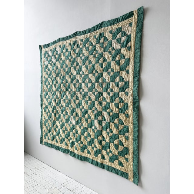 Vintage Teal + Soft Yellow Cotton Drunkard's Path Circle Quilt, Circa 1930s-40s. A fantastic, graphic design employing the...