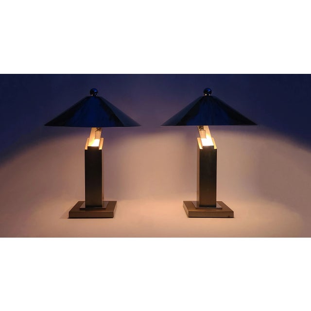 Bronze Restored Pair of Formidable Steel Table "Arquitectura" Table Lamps With Original Finials by Sergio Orozco for Brueton For Sale - Image 8 of 12