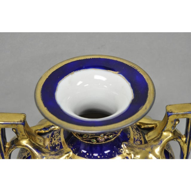 Antique Nippon Hand Painted Cobalt Blue Porcelain Twin Handle Bolted Urn Vase For Sale - Image 12 of 18