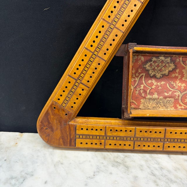 Mid 20th Century Antique Inlaid Triangular Cribbage Board With Integrated Card Holder For Sale - Image 5 of 7