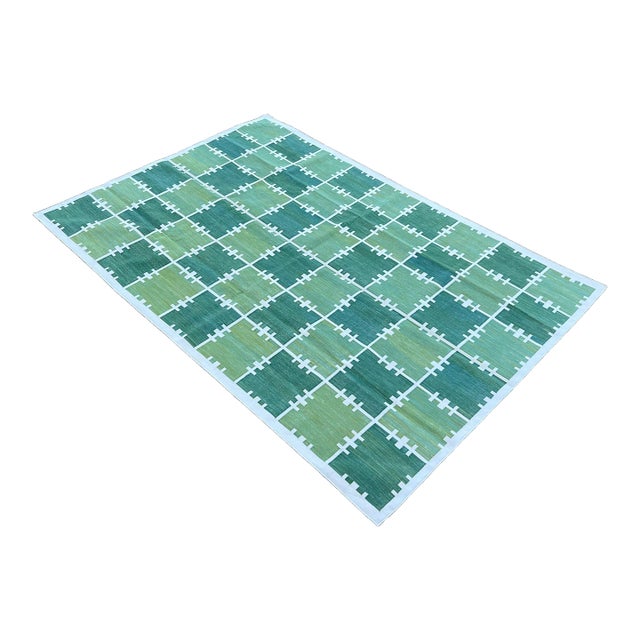 Handmade Cotton Area Rug, Natural Vegetable Dyed, Green and Cream Checked Dhurrie- 8'x10' For Sale