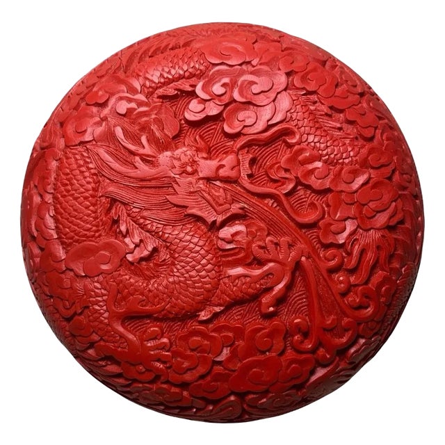 Vintage Chinese Carved Red Cinnabar Style Trinket Box With Dragons Motif For Sale