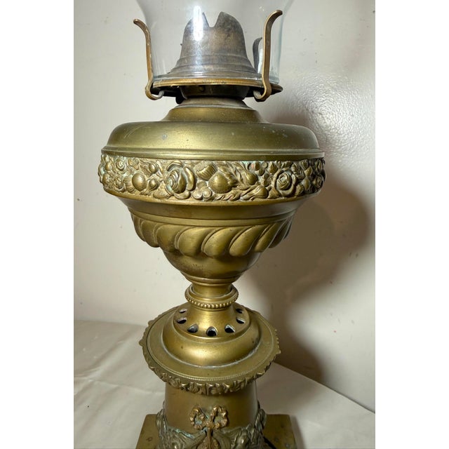 Antique 19th Century Victorian Ornate Gilt Bronze Glass Astral Oil Table Lamp For Sale - Image 9 of 14