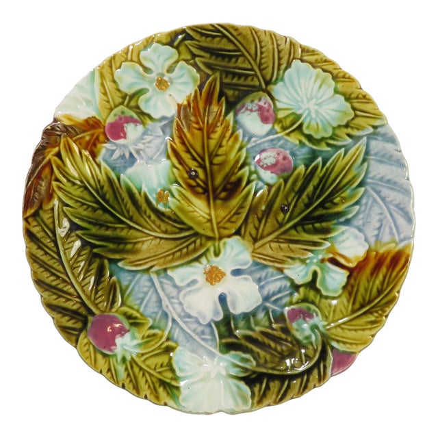 Antique Haviland & Co Limoges Majolica Barbotine Strawberry Plate ~ Art Pottery For Sale