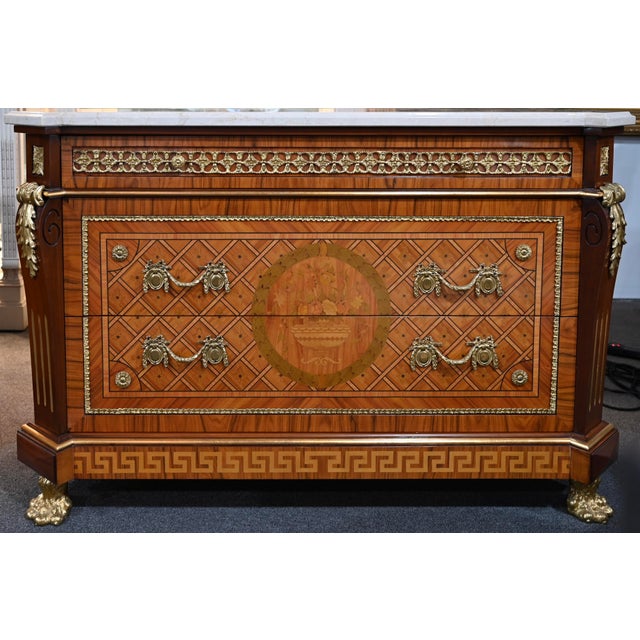 Wood Louis XVI Style Ormolu Mounted Commode With Italian White Marble Top For Sale - Image 7 of 8